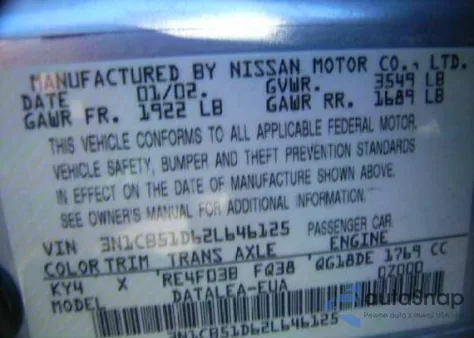 2002 Nissan Sentra Gxe from USA, damaged, VIN 3N1CB51D62L646125